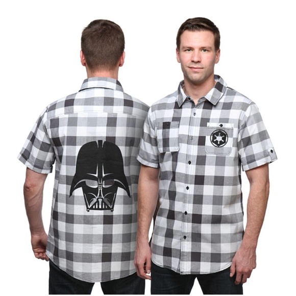 STAR WARS  SHORT SLEEVED BLACK & WHITE PLAID  BUTTON DOWN SHIRT MENS SZ XL - Picture 1 of 6